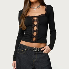 Y2K Lace Trim Square Neck Button Up Front Long Sleeve Crop Top
