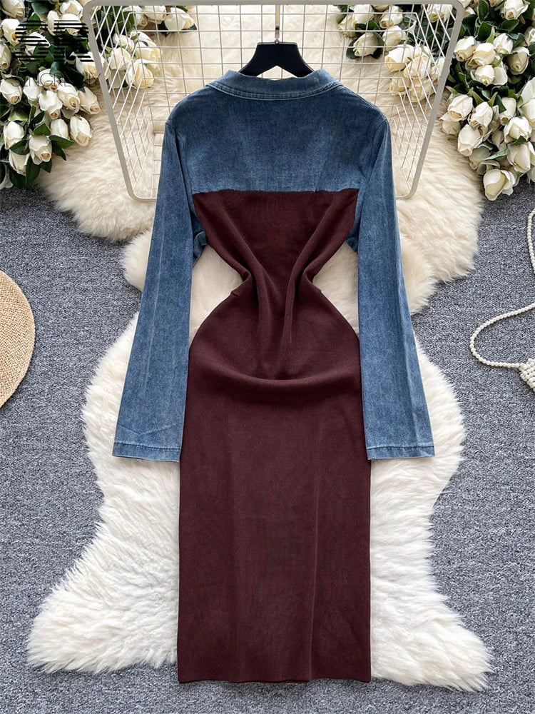 Retro Denim Splice Knit Dress