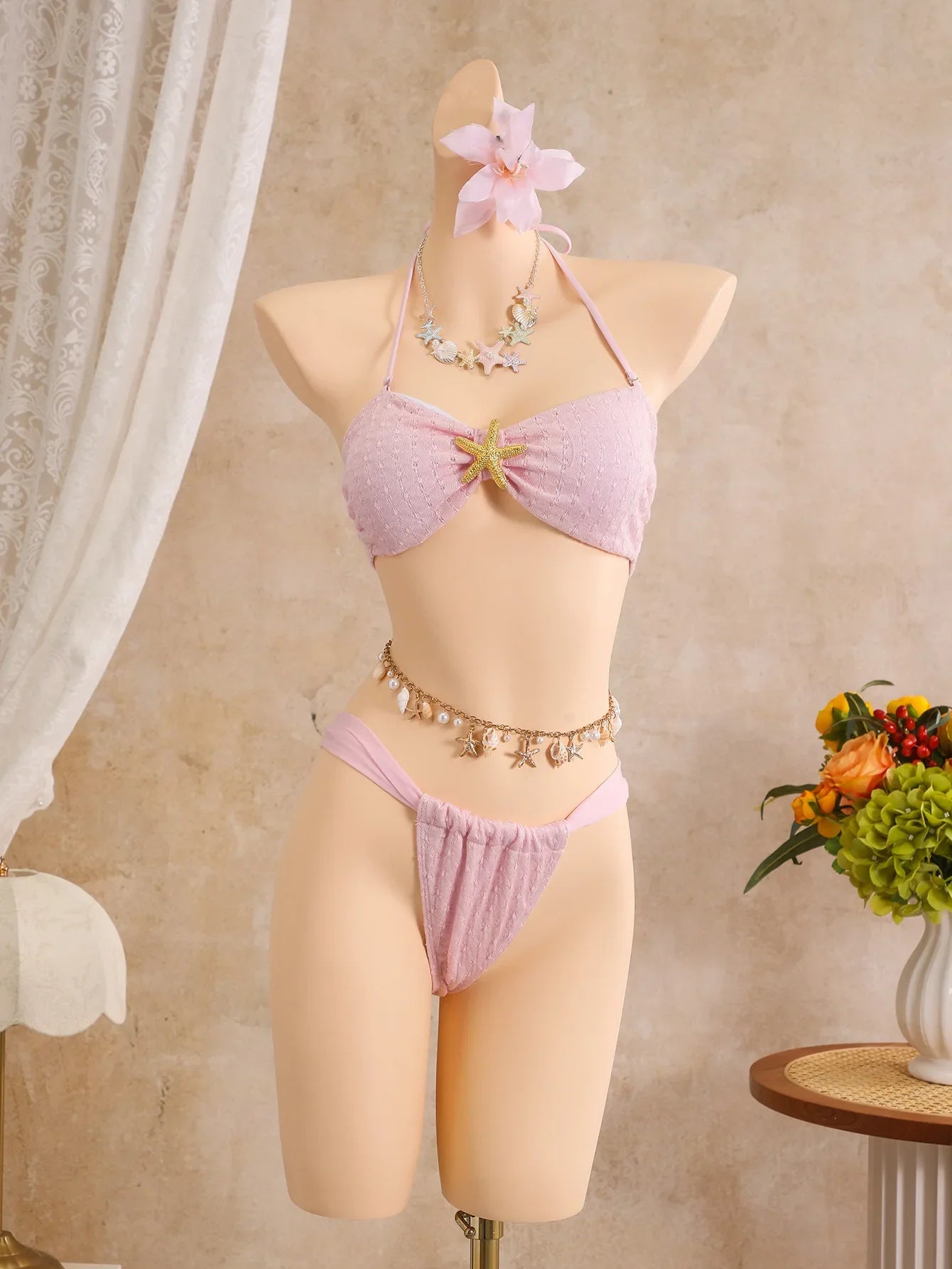 Sexy Pink Mesh Mermaid Skirt 3 Piece Bikini Set