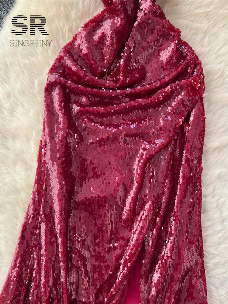 Sequined Strapless Slit Dress