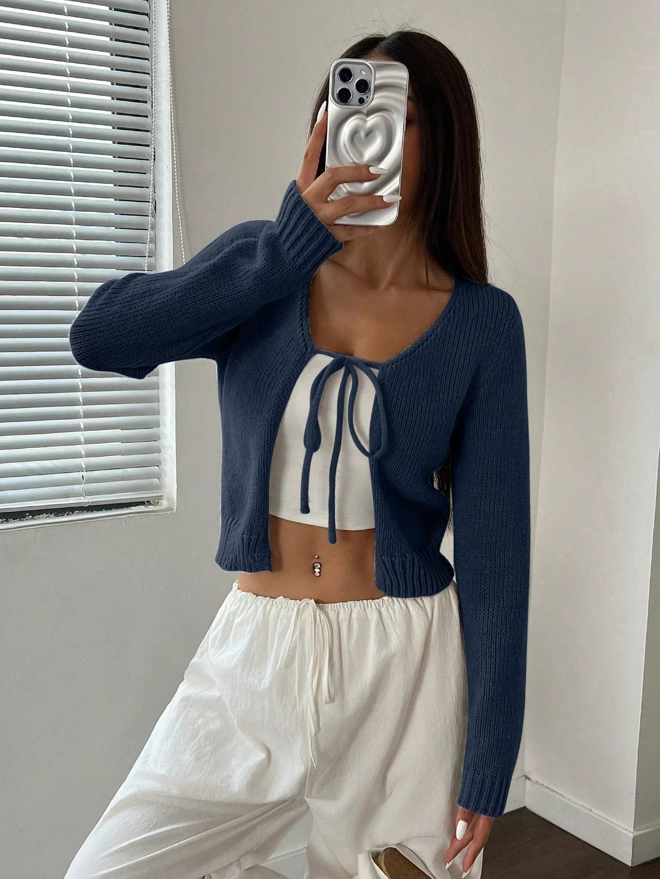 Front Strap Cropped Cardigan Rib-knit Long Sleeve