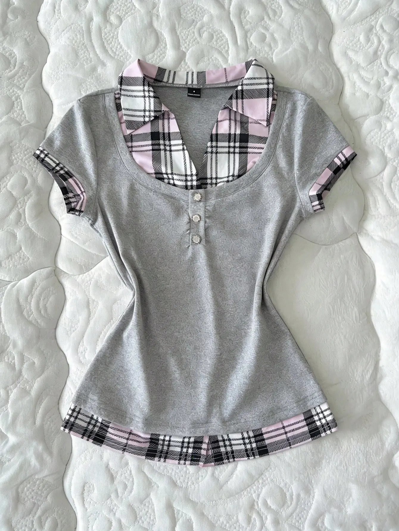 Lapel Fake Two Piece Short Sleeve Tee Slim Cropped Ruched Button Top