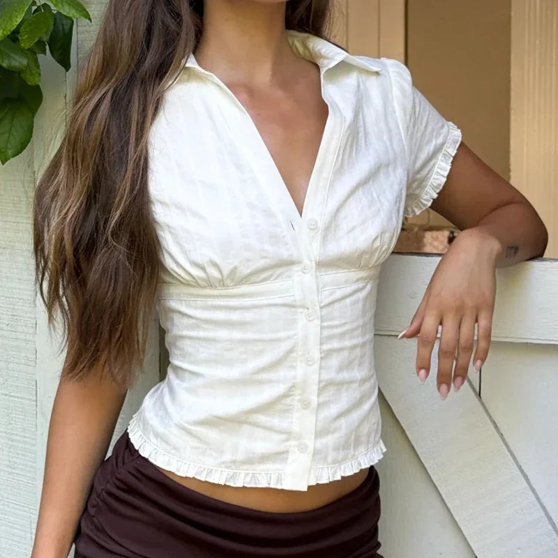 Frim Trim Short Sleeve Shirt Front Button V Neck Fitted Crop Top