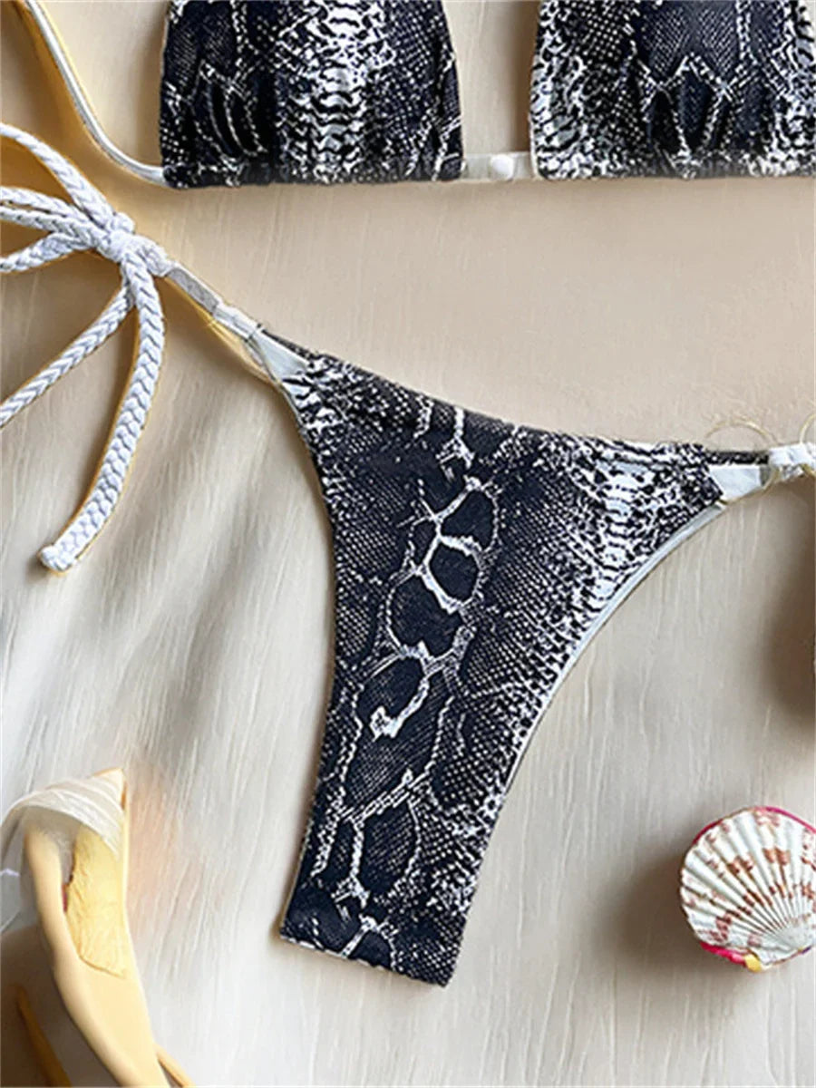 Sexy Black Snakeskin Print Micro Bikini