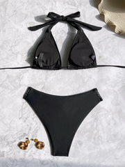 Shiny Black Patchwork Swimwear Women Sexy V Neck Push Up Bra High Waist Bikini Set