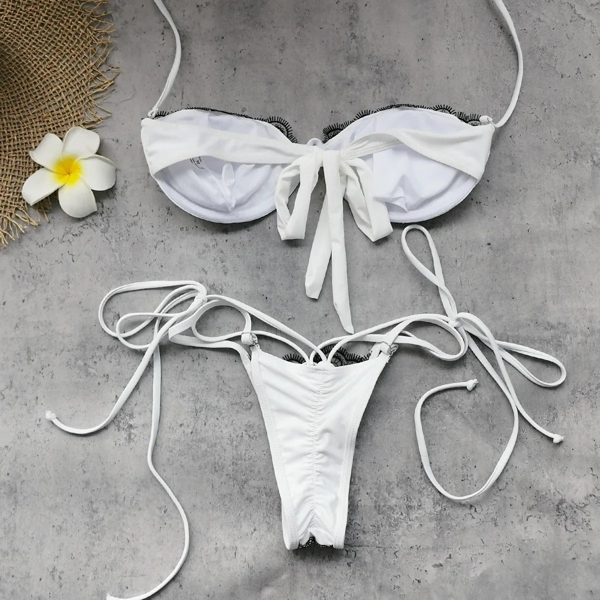 Sexy White Floral Embroidery Bikini Set