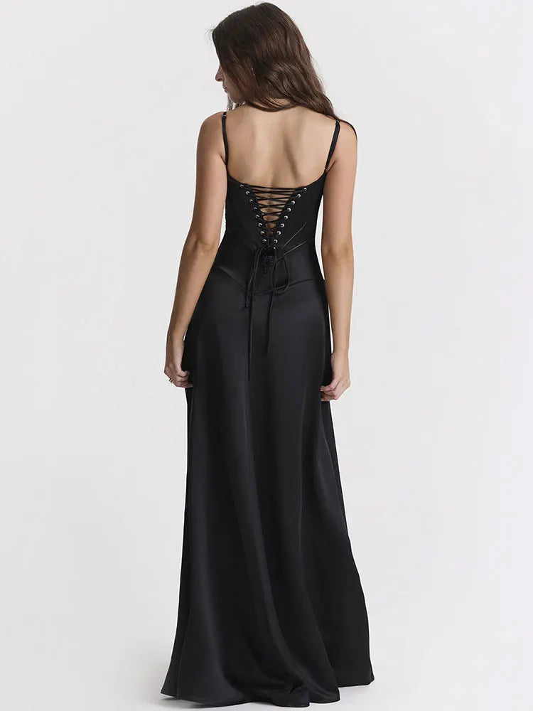 Lace-up Black Satin Maxi Dress