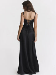 Lace-up Black Satin Maxi Dress