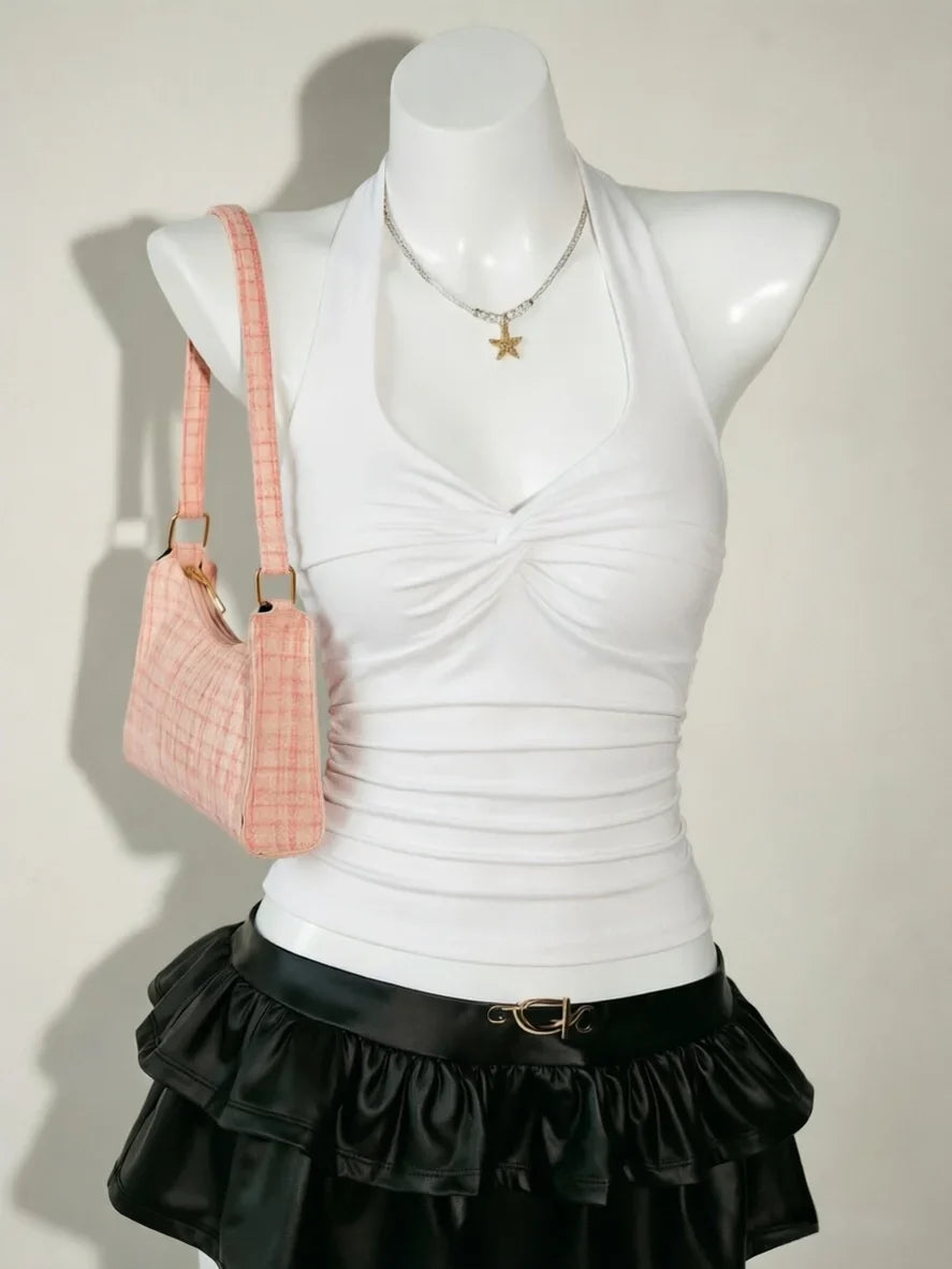Halter Deep V Neck Front Twist Ruched Slim Fit Cropped Cami Top