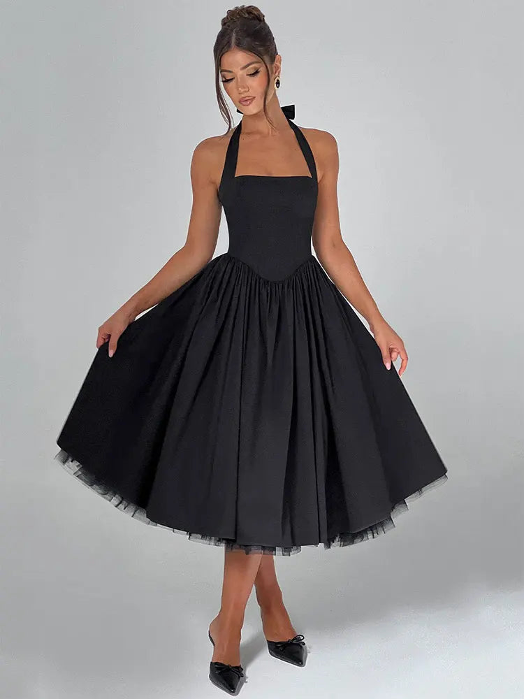 Mesh Back Bandage Halter Sexy Midi Long Dress
