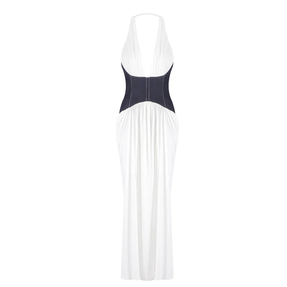 Luxury Halter V-Neck White Maxi Dress