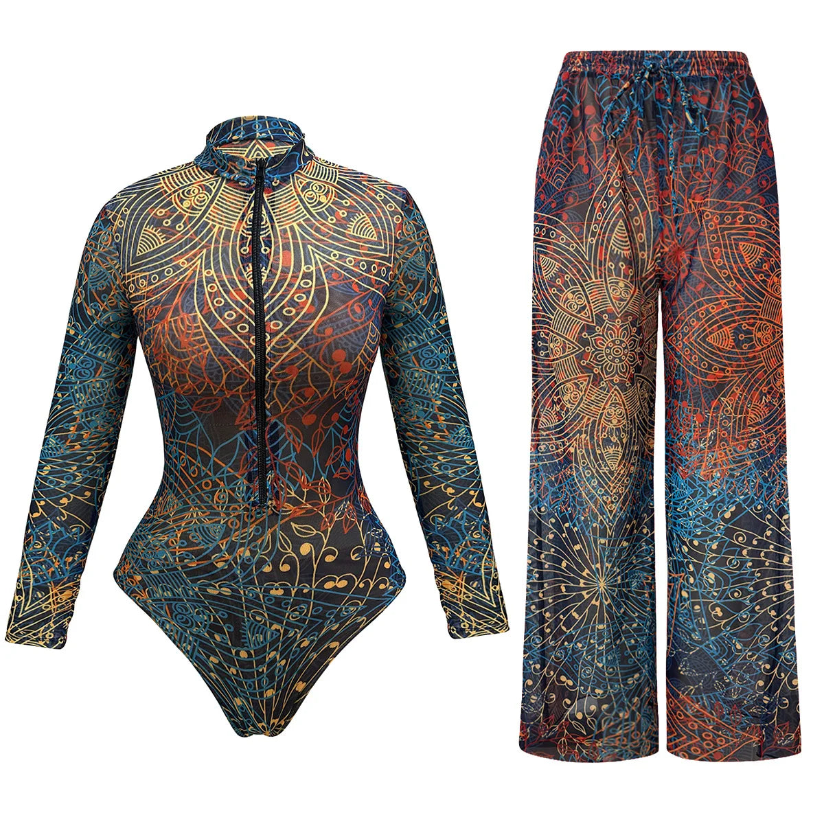 Vintage Leaves Print SPF Sunscreen Pants Swimwear Sets Women Long Sleeve Zipper Bathing Suit Sun Protect One Piece Swimsuit
