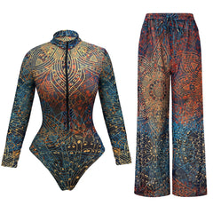 Vintage Leaves Print SPF Sunscreen Pants Swimwear Sets Women Long Sleeve Zipper Bathing Suit Sun Protect One Piece Swimsuit