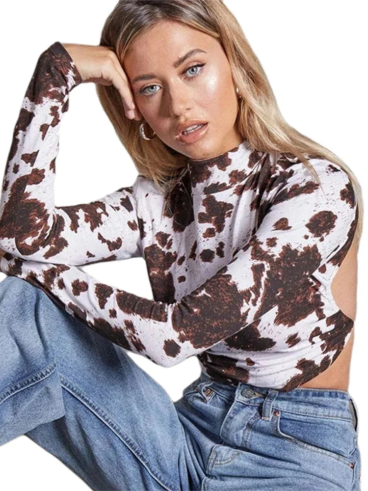 Women's Dragon Pattern Crop T-shirt Long Sleeve Backless Sexy Tee Elastic Skinny Top
