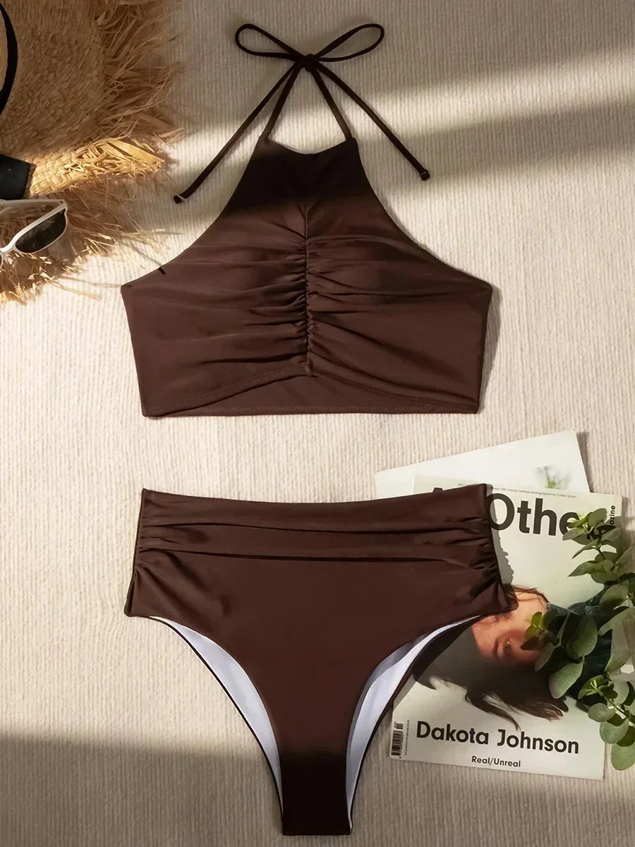 Wrinkled Halter Neck Crop Top Bikini