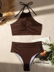 Wrinkled Halter Neck Crop Top Bikini