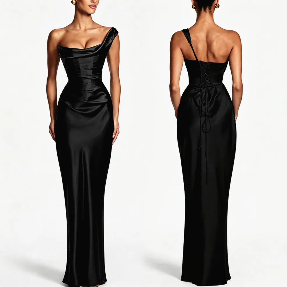 Sexy Light Blue Silky Satin One Shoulder Cowl Neck Draped Maxi Dress