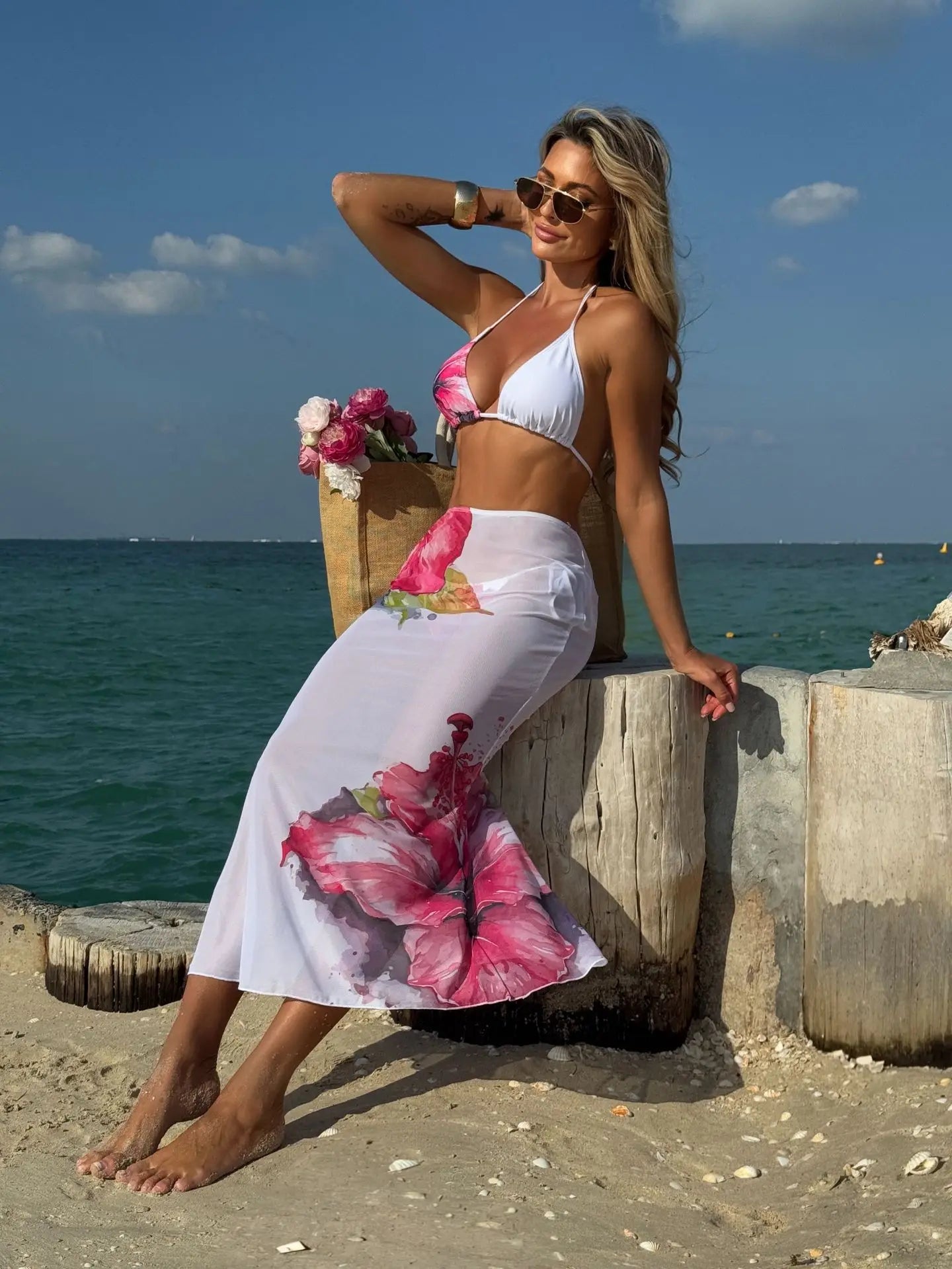 Sexy White Floral Print  Mesh Long Skirt 3 Piece Bikini
