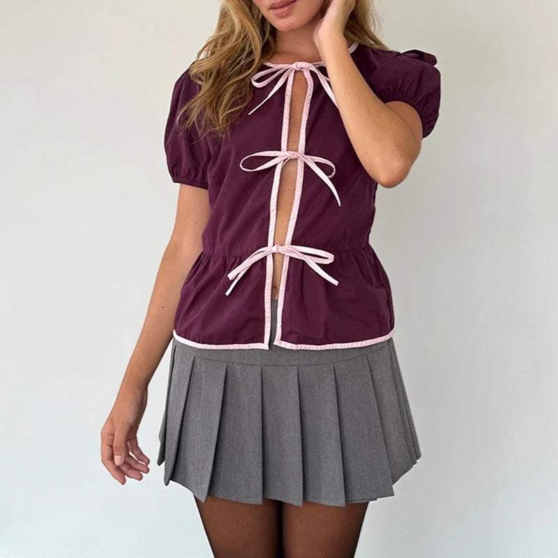 Front Bowknot Blouses Tees Ruffle Hem Crop Tops