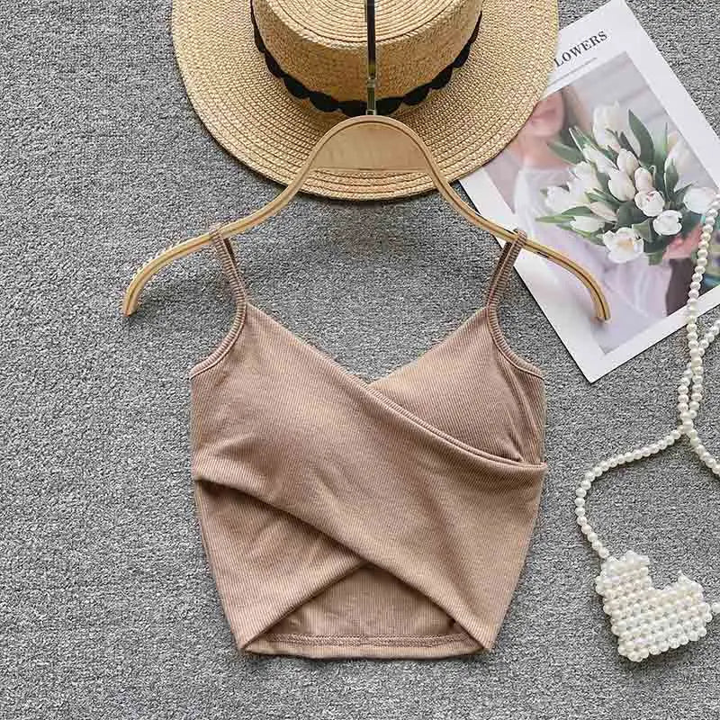V Neck Spaghetti Strap Camisole Cross Wrap Front Cutout Hem Ribbed Slim Cropped Tank Top