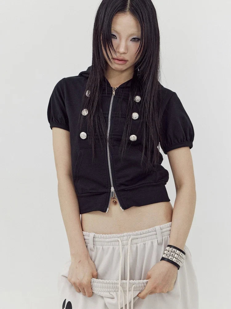 Cropped Hooded Short Sleeve Zip Up Top