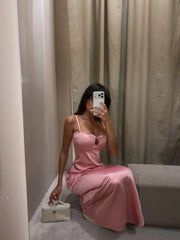 Pink Satin Spaghetti Strap Midi Dress