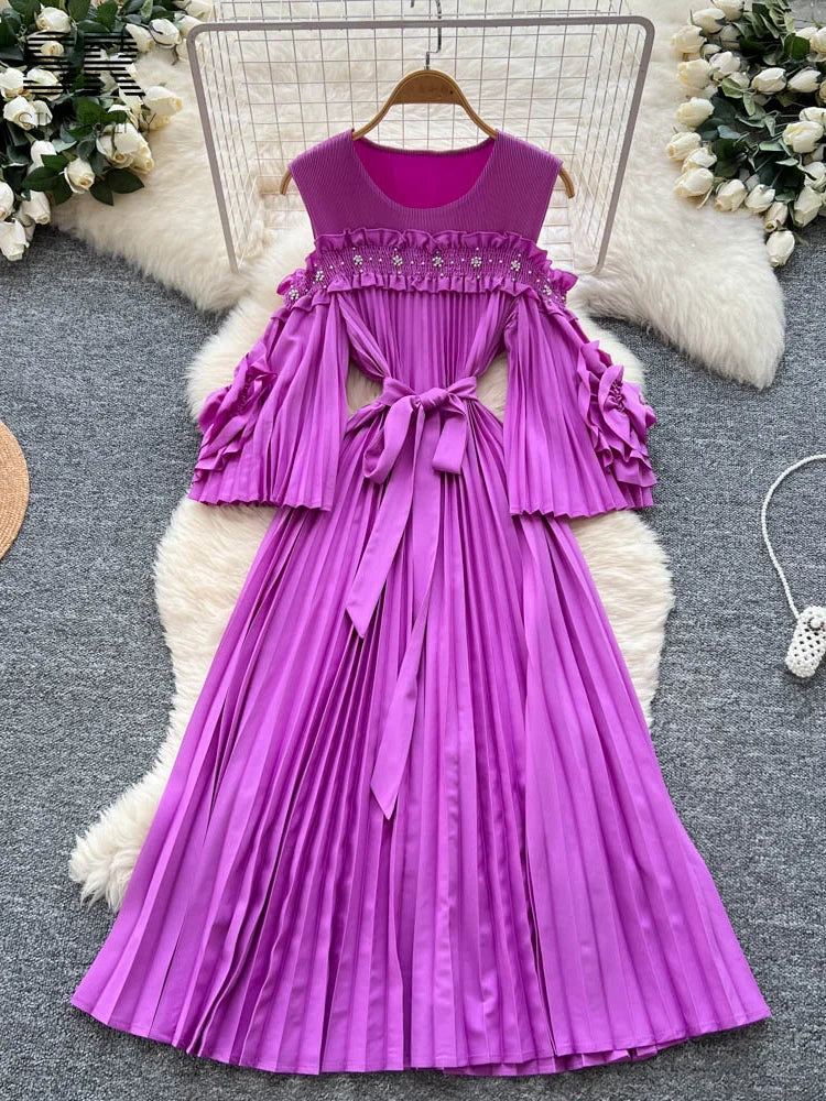 Elegant Beading Pleated Gown Female Bow Collar Flare Sleeves Hollow Out High Quality Autumn 3D Floral Maxi Party Dress