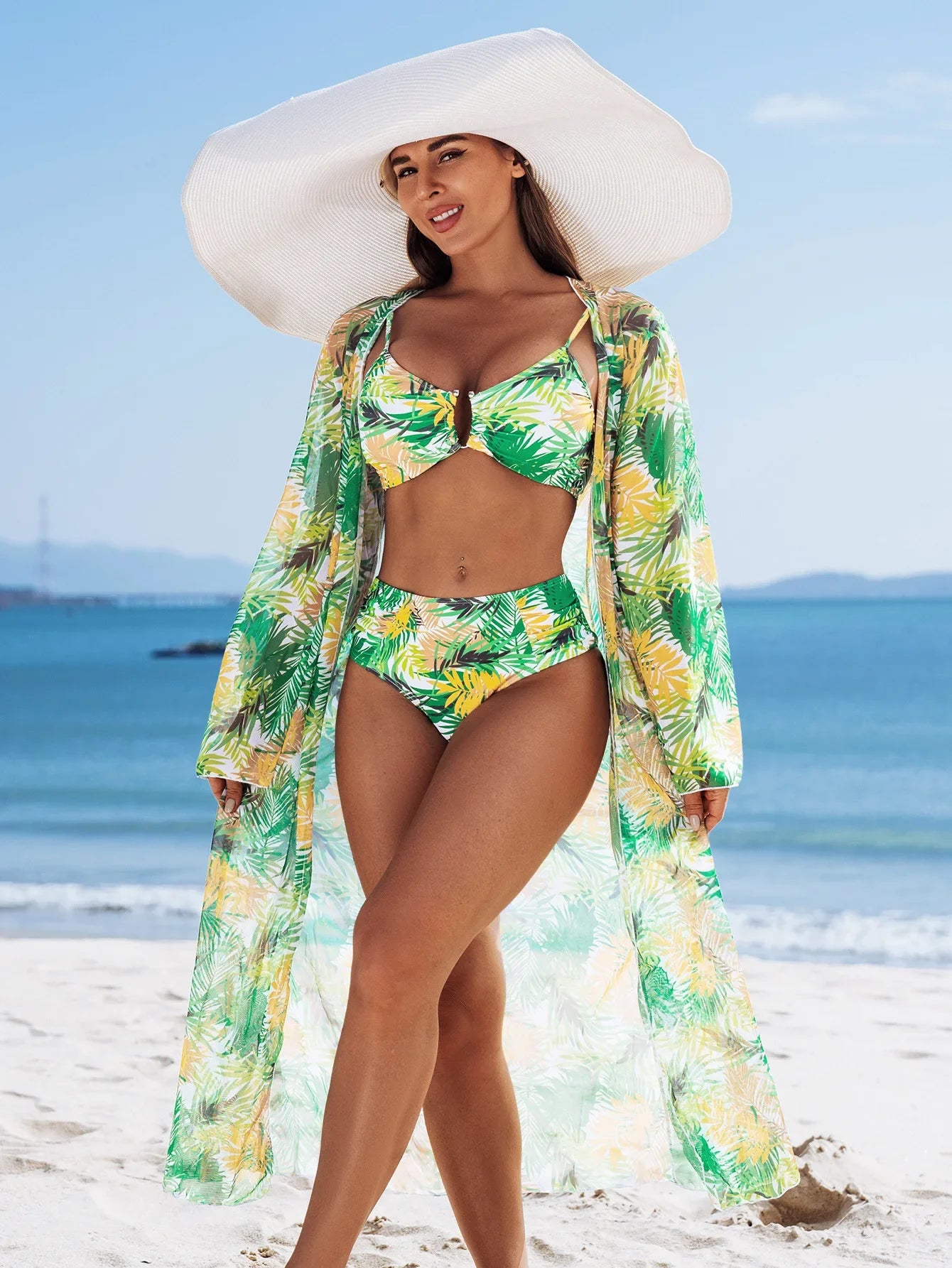 Vintage Red Leaves Print Cover Up 3 Piece Bikini