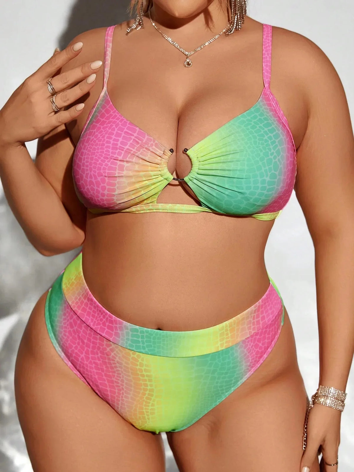 Sexy Pink Gradient Snake Print Bikini Set