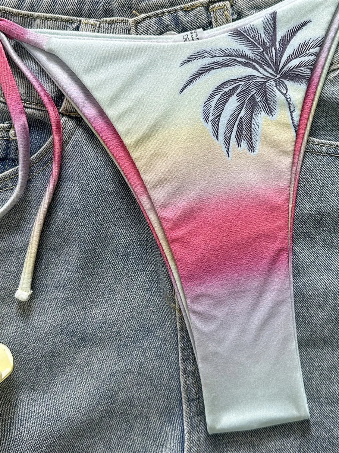 Sexy Pink Gradient Coconut Tree Print Bikini Set