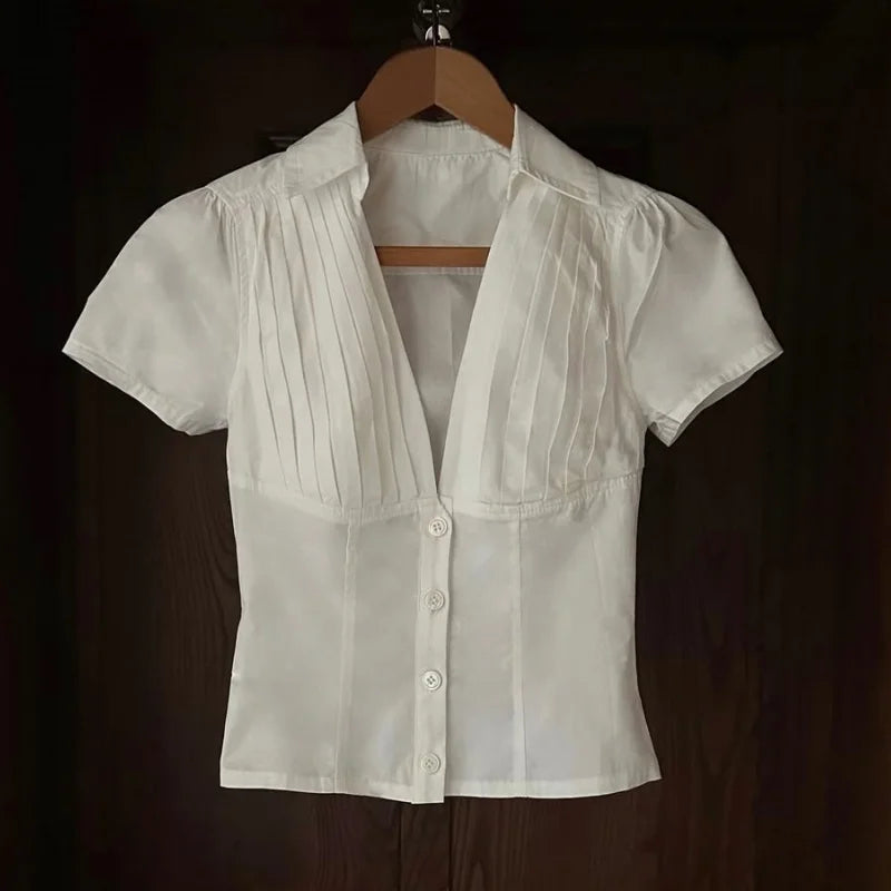 V Neck Button Down Slim Fit T-Shirt Vintage Plaid Print Crop Top