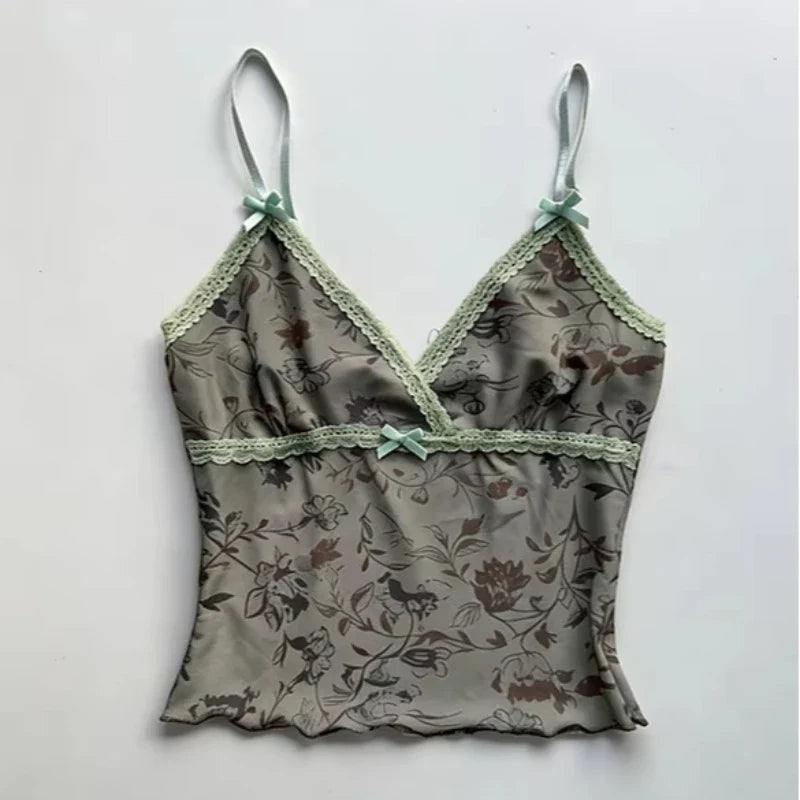Ins Style Retro Floral Print Lace Trim Cami Top