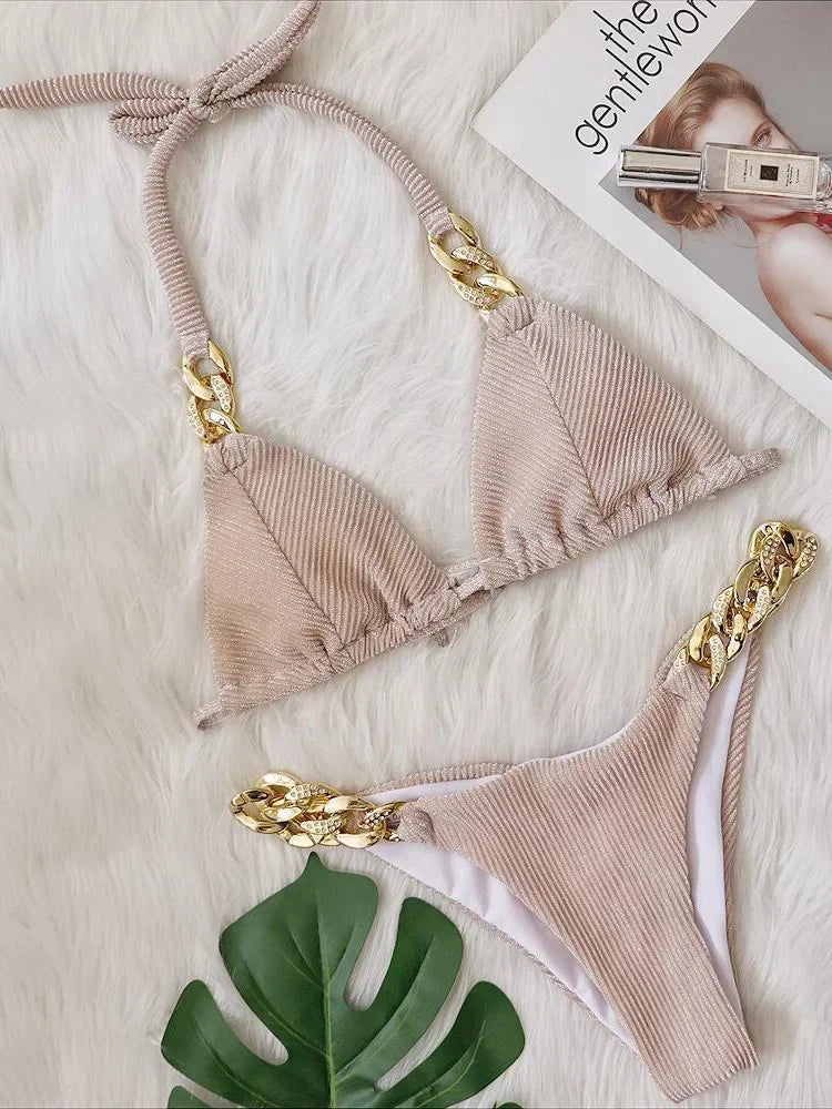 Halter Ribbed Metal Chains Diamond Bikini
