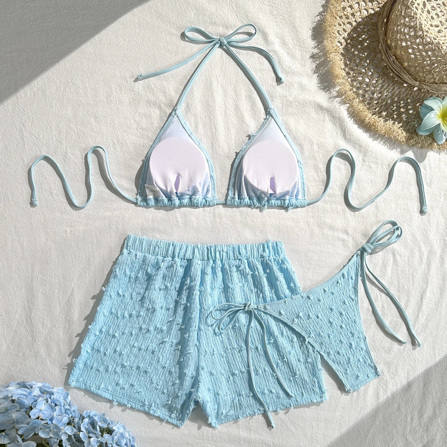 Sky Blue High Waist Panties 3 Piece Bikini Set
