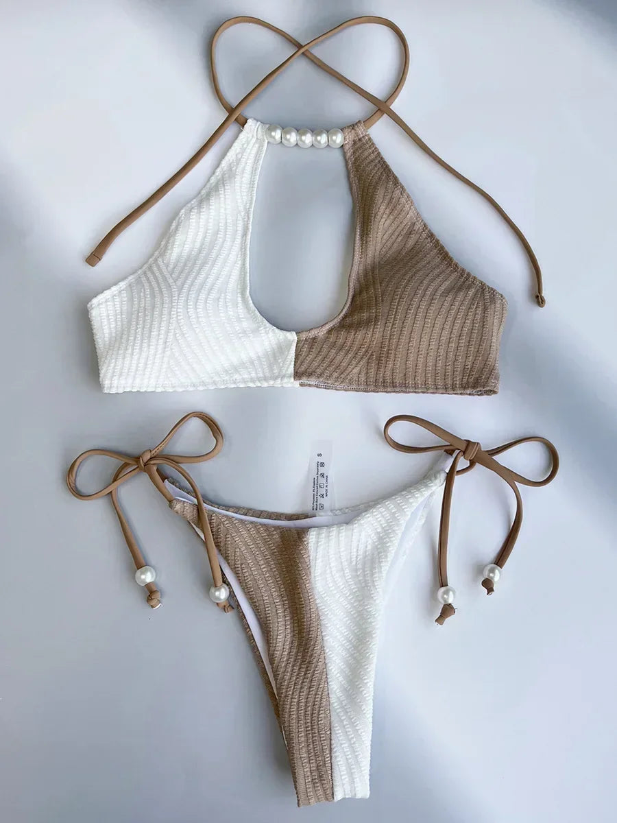 XS - L Splicing Halter Hollow Out Ribbed Bikini