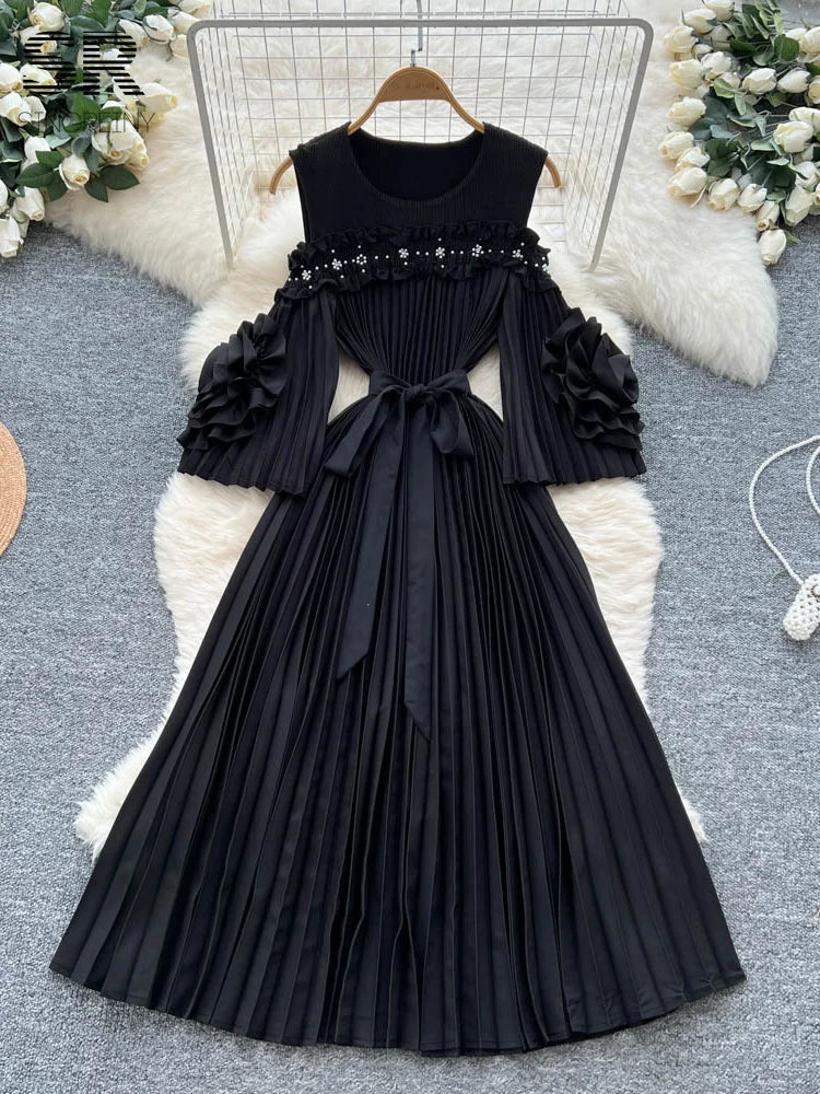 Elegant Beading Pleated Gown Female Bow Collar Flare Sleeves Hollow Out High Quality Autumn 3D Floral Maxi Party Dress