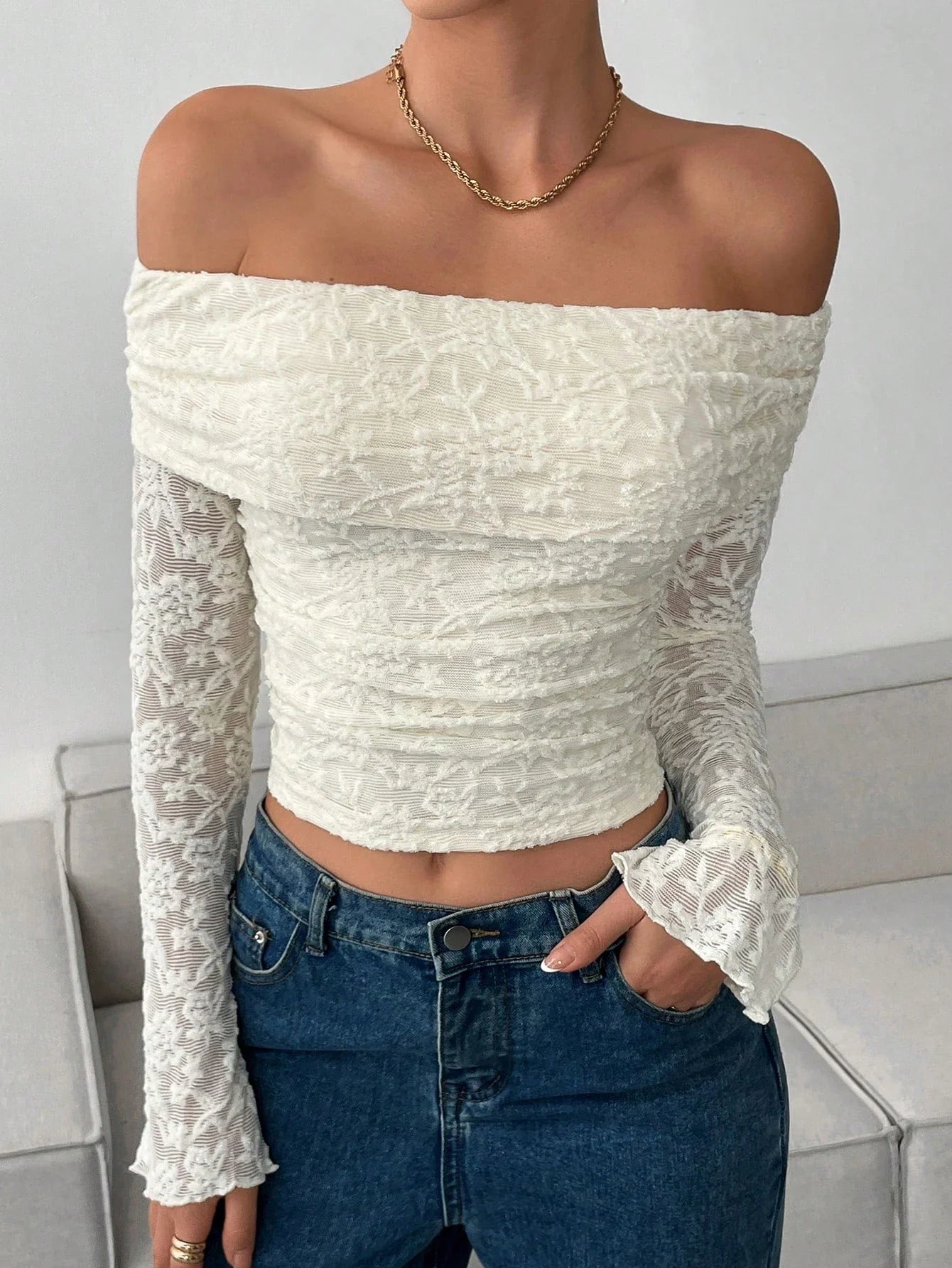 Women's Elegant Lace Sheer Off Shoulder Falre Sleeve Top