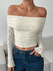 Women's Elegant Lace Sheer Off Shoulder Falre Sleeve Top