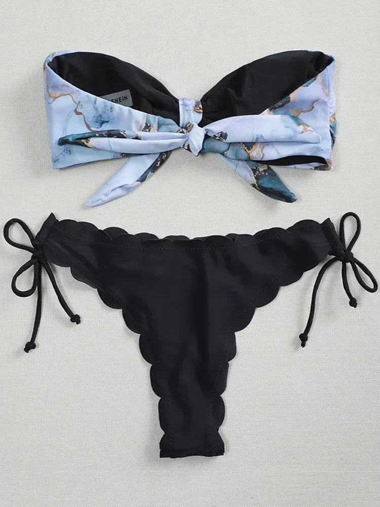 Sexy Scalloped Marble Print Bikini