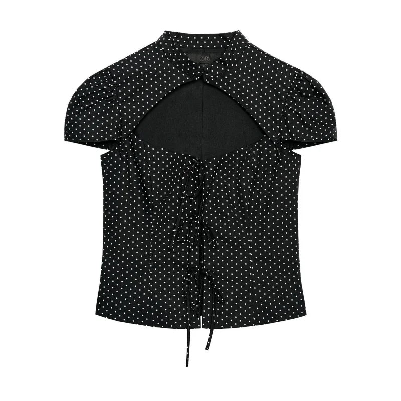 Vintage Polka Dot O-Neck Short Sleeve Slim Cropped Shirt Going Out Tops