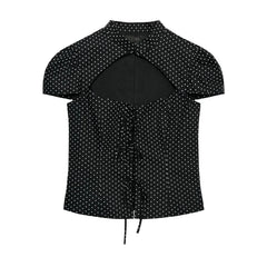Vintage Polka Dot O-Neck Short Sleeve Slim Cropped Shirt Going Out Tops