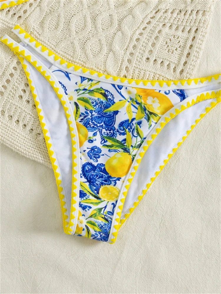 Sexy Yellow Fruit Print Micro Bikini Set