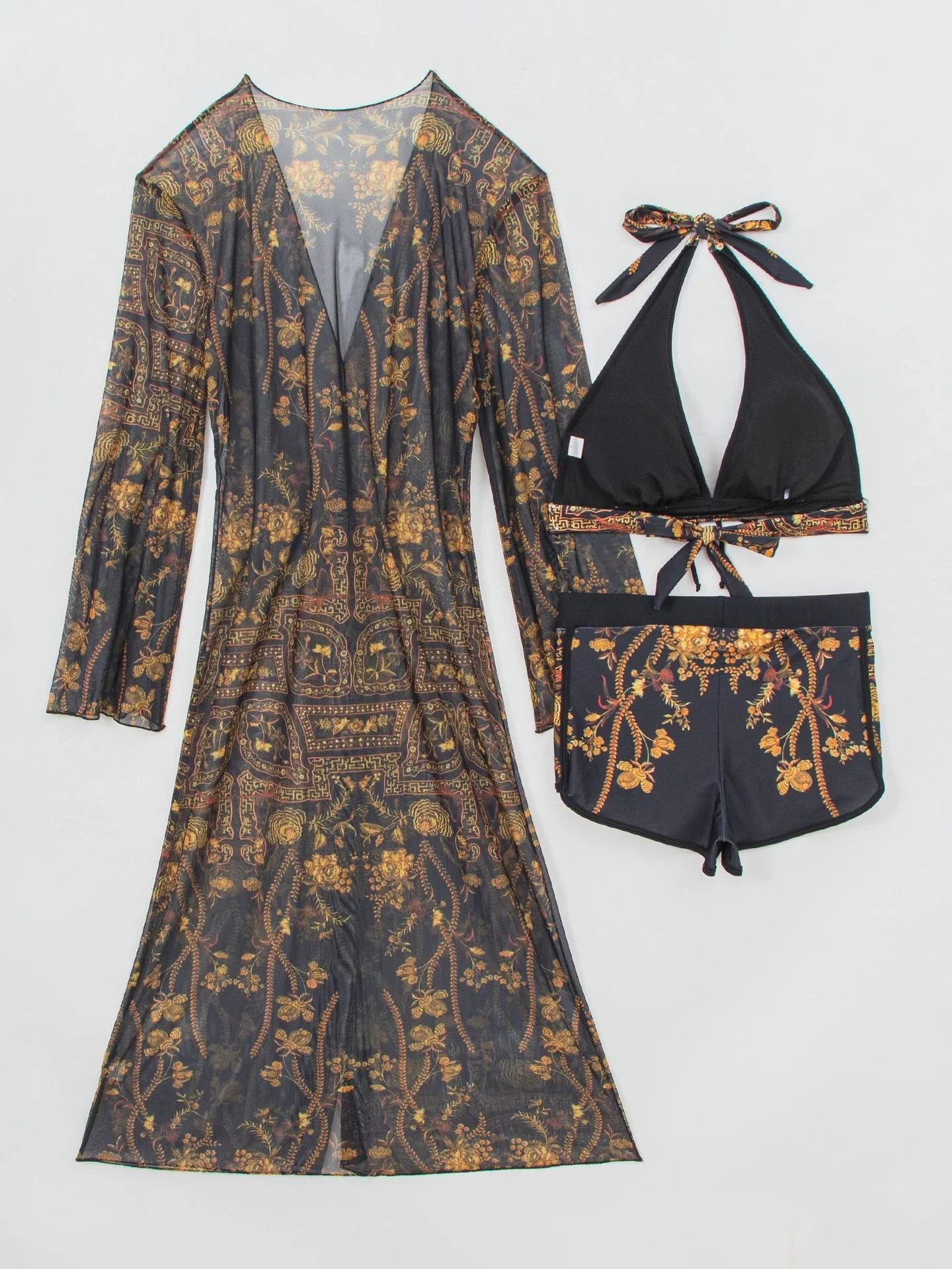 Vintage Floral Print Long Sleeve Cover Up 3 Piece Bikini Set