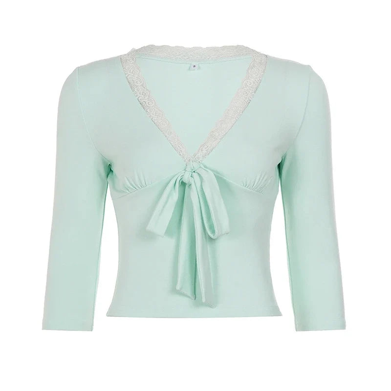 Y2K Coquette Lace V‑Neck Crop Top
