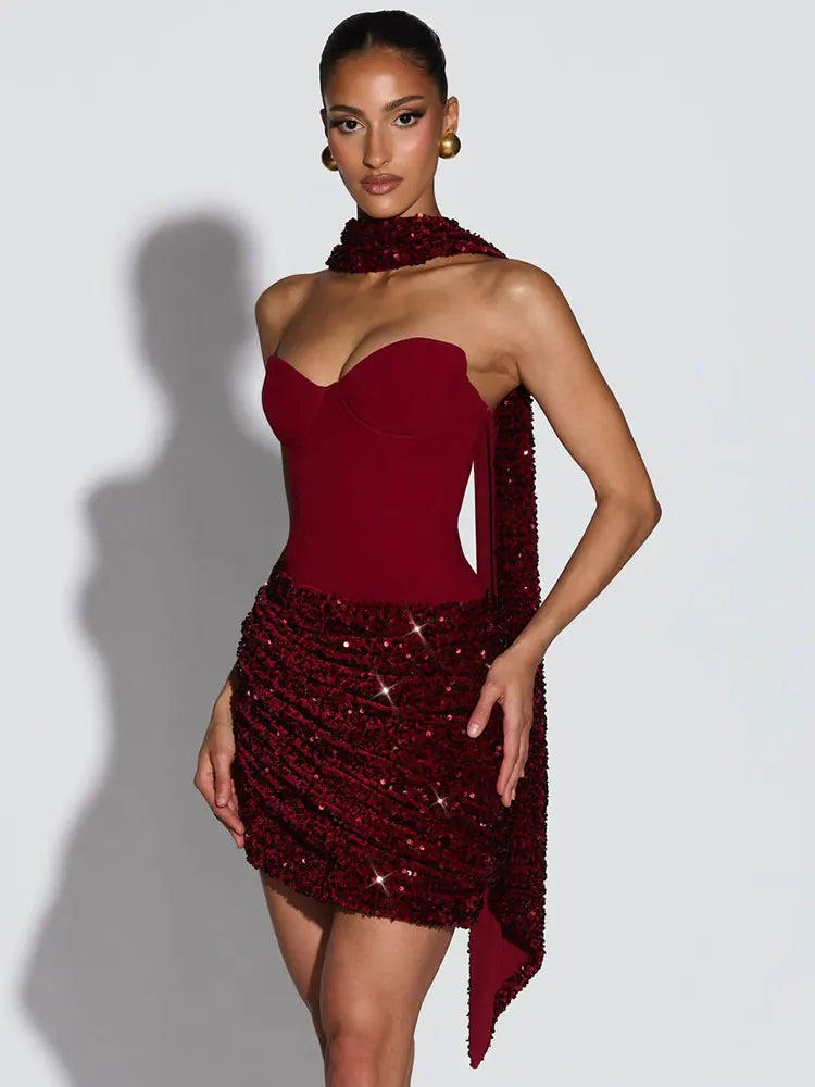 Strapless Back Lace-up Scarf Sexy Mini Dress