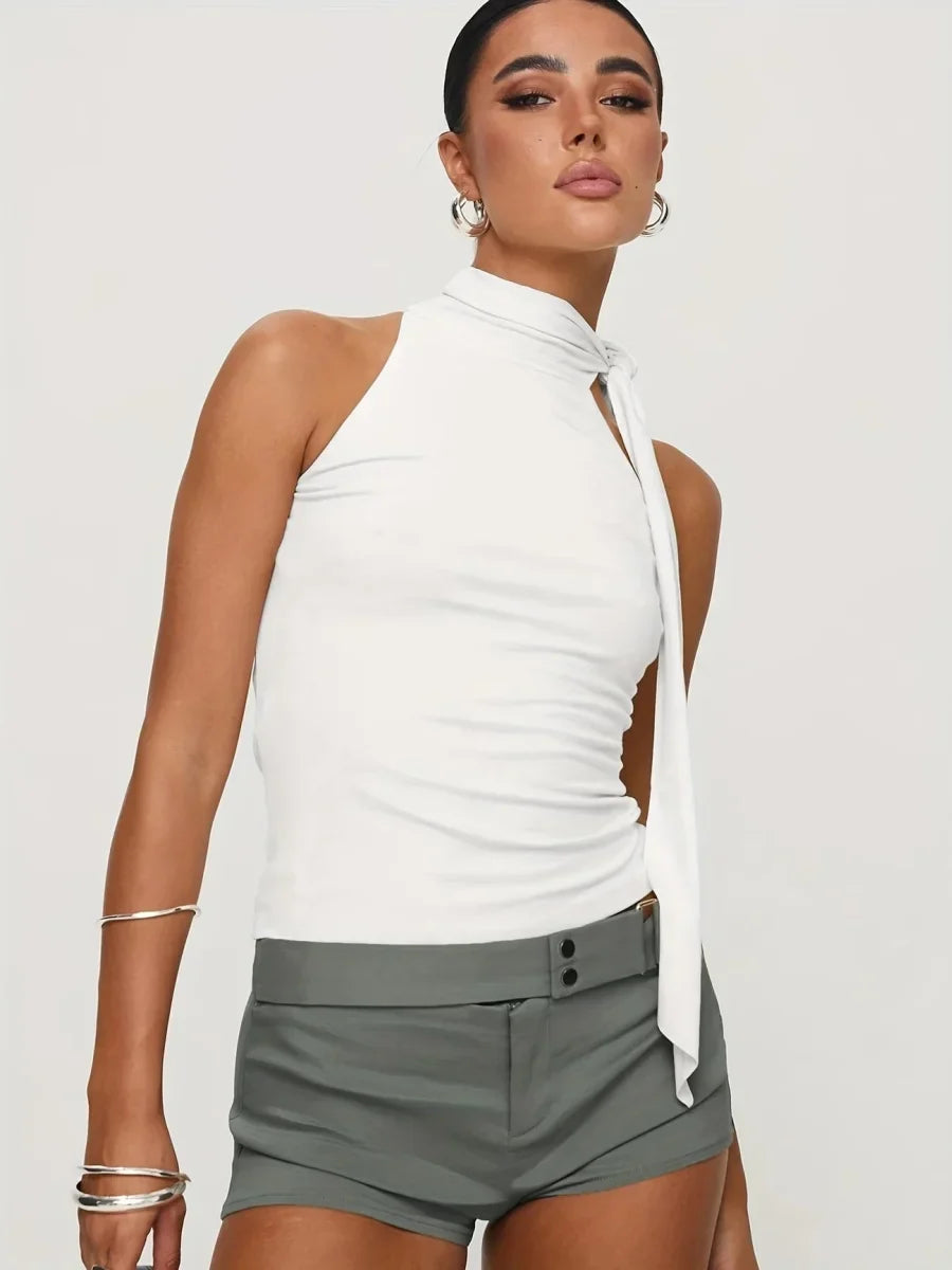 Solid Color Halter Neck Tie Detail Sleeveless Top