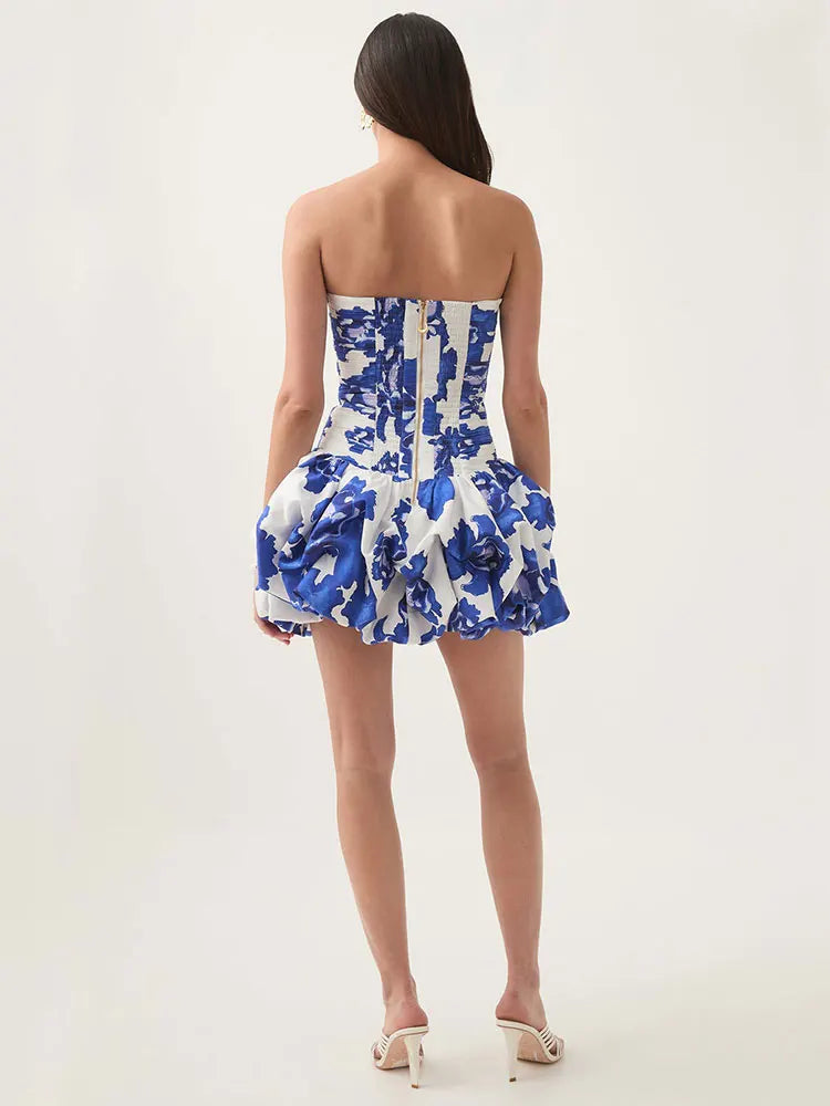 Sexy Strapless Printed Ruffles Folds Deign Mini A-line Dress