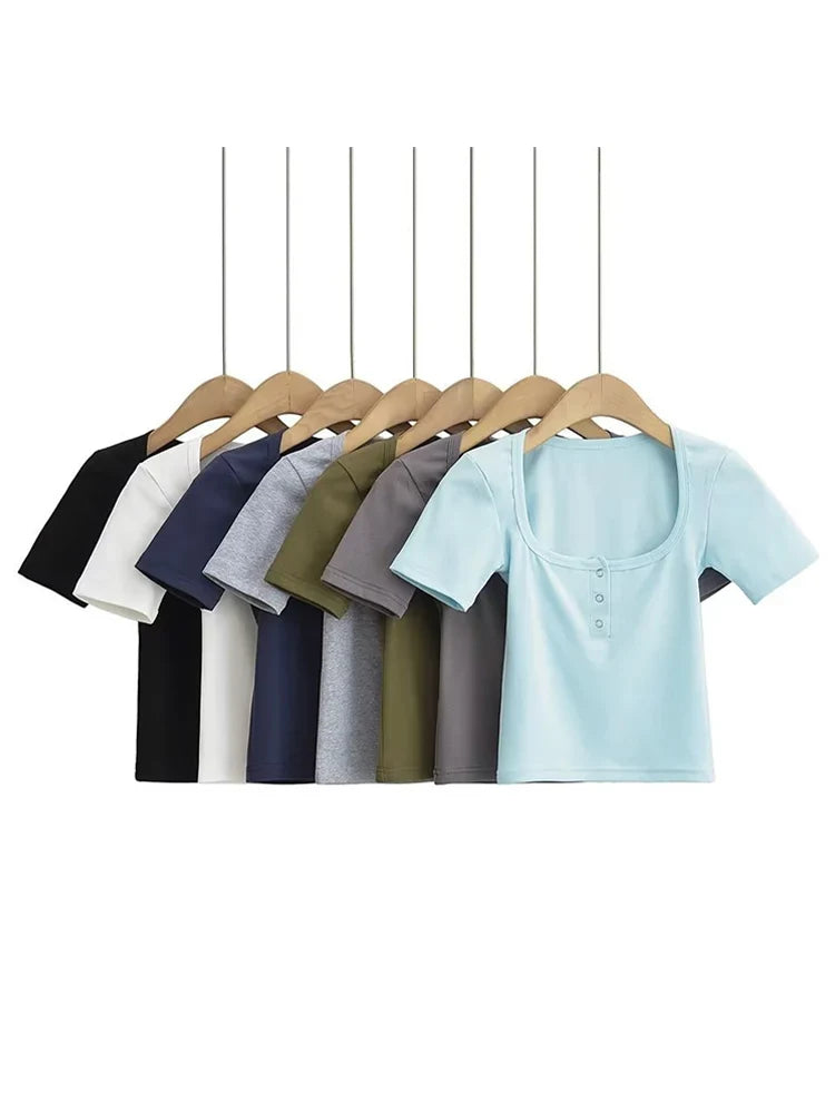 Button Front Short Sleeved Crop T-shirt