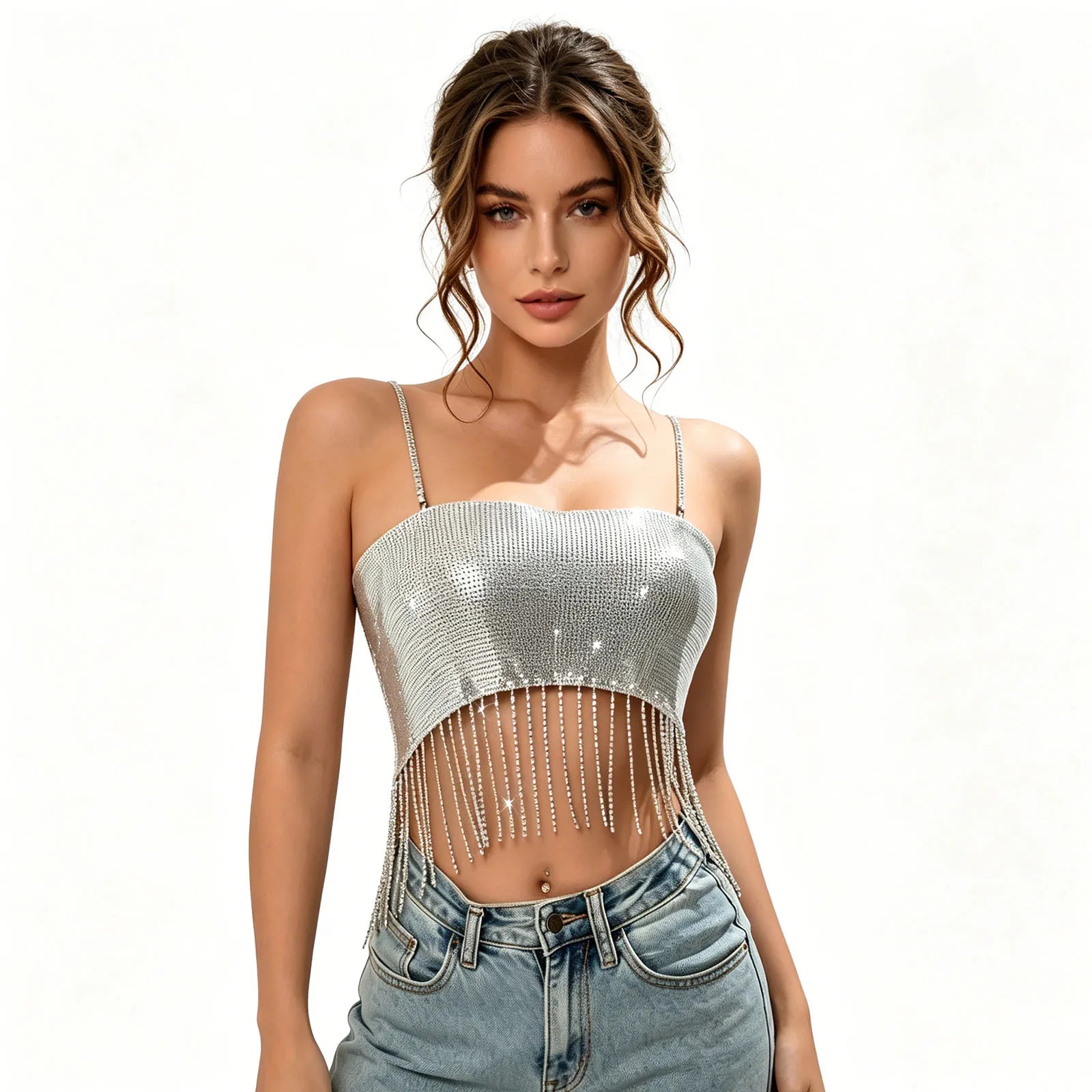 Sparkly Rhinestone Fringe Crop Cami Top