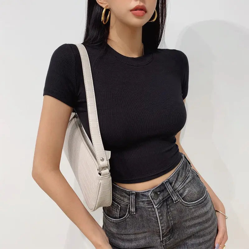 Slim Fit Crop Tee Female Round-Neck Top